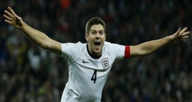 England captain Gerrard celebrates his goal in the World Cup qualifier against Poland at Wembley